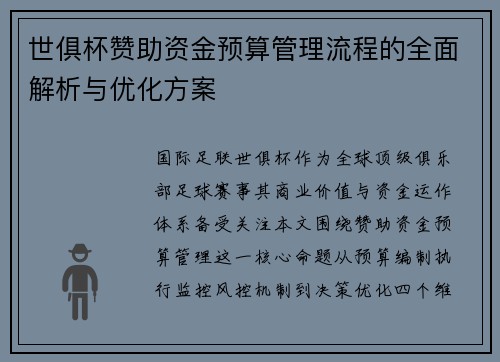 世俱杯赞助资金预算管理流程的全面解析与优化方案