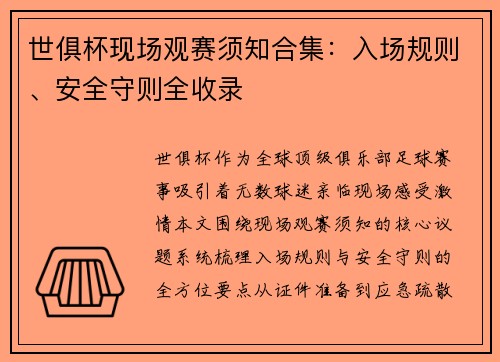 世俱杯现场观赛须知合集：入场规则、安全守则全收录